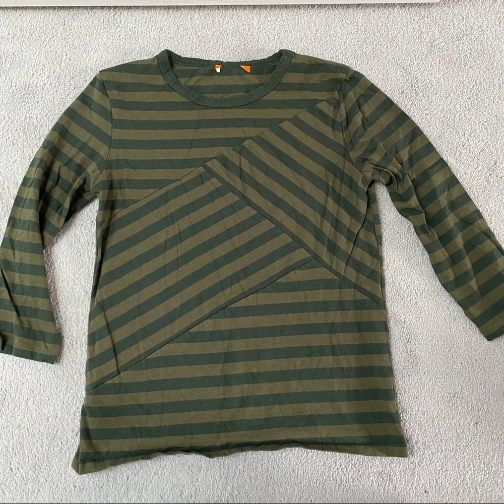 Patchwork Striped Olive Green 3/4 Sleeve Top